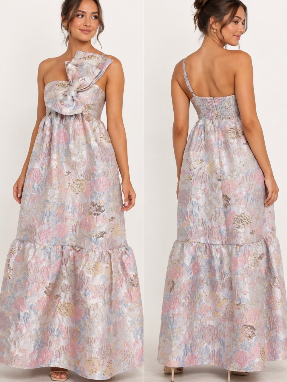 Petal & Pup One-Shoulder Pastel Floral Jacquard Maxi Dress in Pink, Blue, Gold
